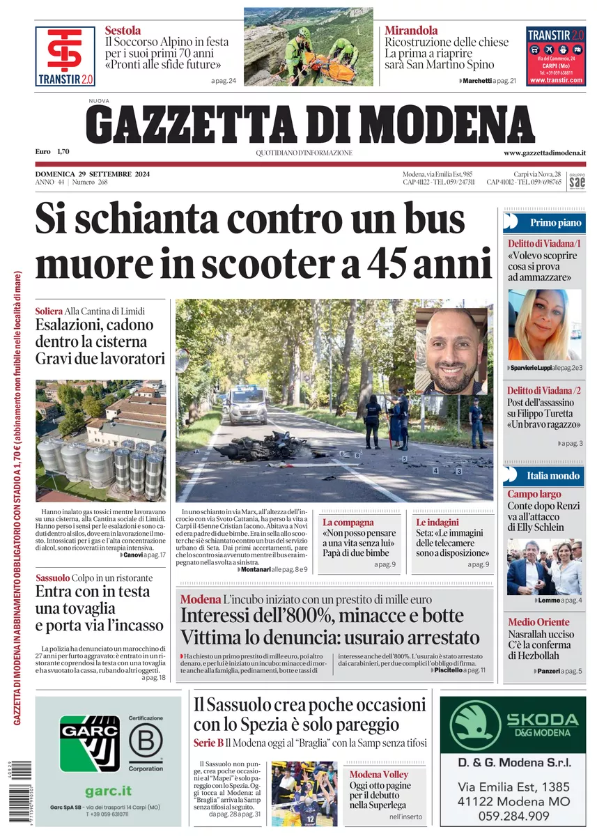 Prima-pagina-gazzetta di modena-oggi-edizione-del-2024-09-29